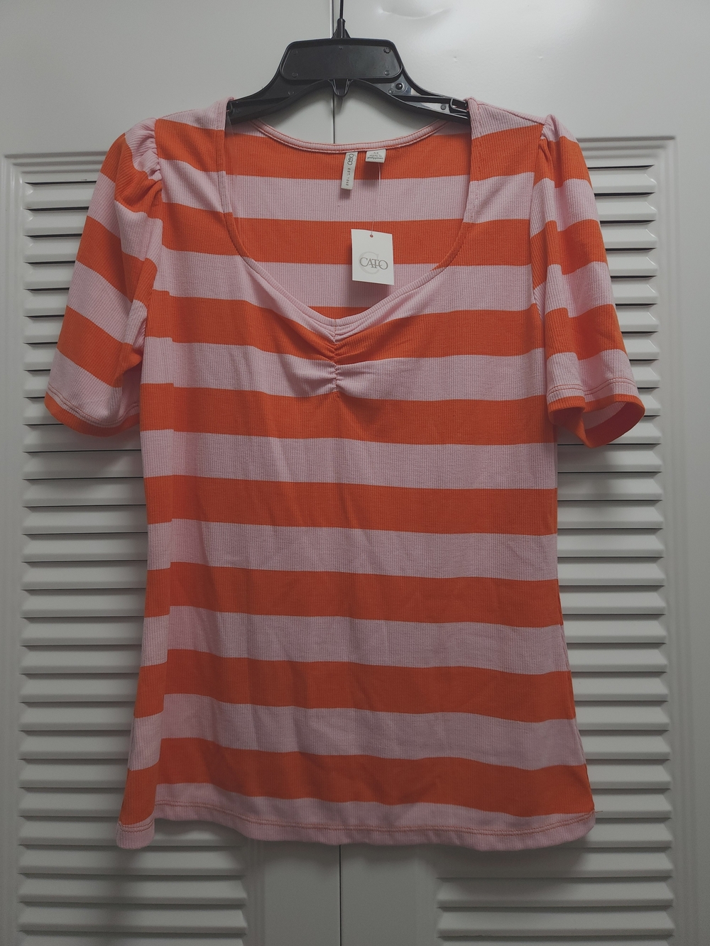 Cato Orange & Pink Striped Ruched Front V-Neck Top – NWT Medium